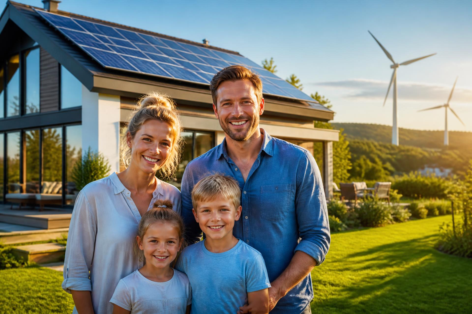 Glückliche Familie vor modernem Haus mit Solar und Windkraft